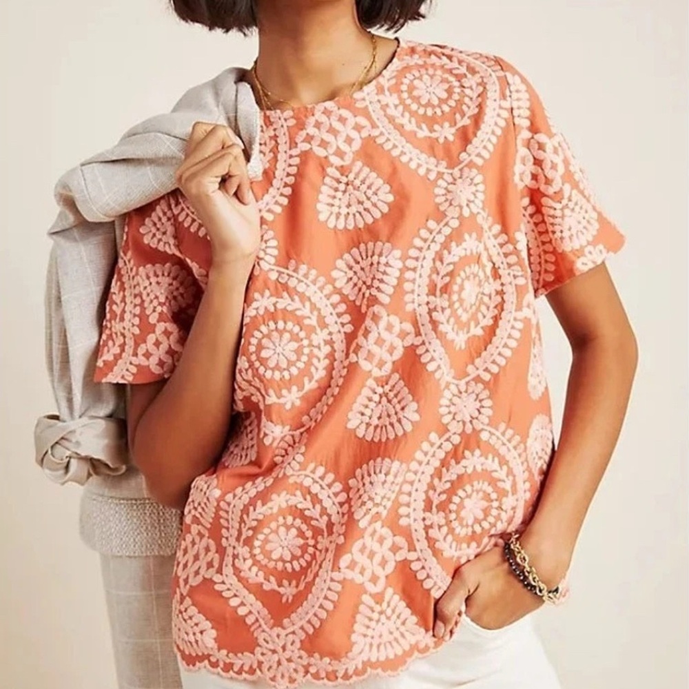 Eri + Ali Anthropologie Coralie Embroidered Blouse pink/orange Smal